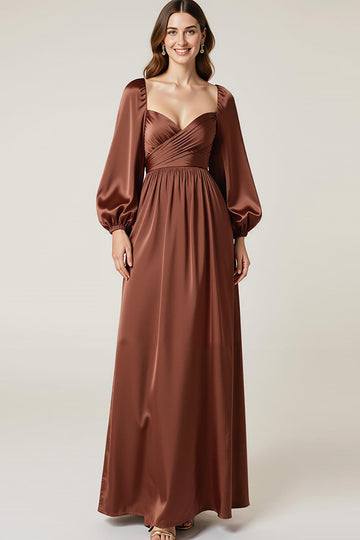 Coffee Satin Long Sleeve A Line Maxi Evening Dress